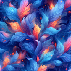 Colorful Abstract Feather Pattern with Blue and Orange Hues, Digital Art Design