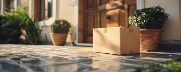 A cardboard box sitting on a front porch, awaiting delivery, surrounded by potted plants and a wooden door background.