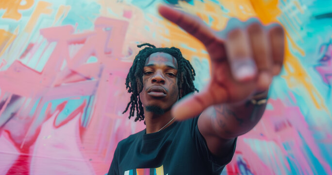 Man with dreadlocks in black t-shirt posing in front of colorful graffiti wall. Urban street photography. Hip-hop and street culture concept. Design for poster, banner