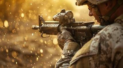Determined Soldier's Hands Gripping Rifle in Close-Up Detail Against Blurred Background for Advertising and Military Concepts