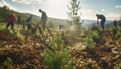 A group of people planting young trees in a sunlit, mountainous landscape, promoting reforestation and environmental conservation.