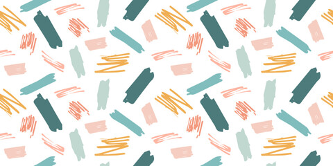 Seamless multicolor horizontal pattern with marker strokes. Abstract decorative pattern with brushstrokes. Pattern on changeable white background.