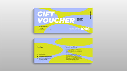 Abstract gift voucher card template. Modern discount coupon or certificate layout with geometric shape pattern. Vector fashion bright background design with information sample text.