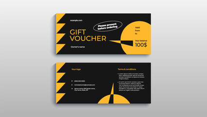 Abstract gift voucher card template. Modern discount coupon or certificate layout with geometric shape pattern. Vector fashion bright background design with information sample text.
