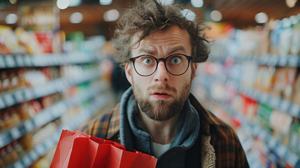 Man looking confused while shopping for groceries.