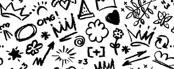 Seamless pattern with brush drawn doodle shapes . Heart, crowns, arrows, crosses, flower,  swirls and dots with dry brush texture. Banner background with nice graffiti style elements. 