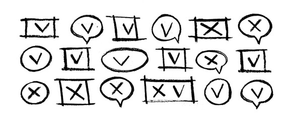 Hand drawn check signs. Doodle v mark for list items, checkbox chalk icons and sketch checkmarks. Vector checklist marks icon set