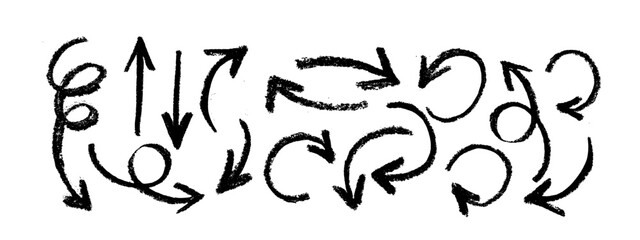 Collection  curved arrows  painted bold brush. Hand drawn vector thick marker arrows. Curved and wavy brush strokes. Seamless banner with vector direction pointers. Bold brush strokes with scratches.
