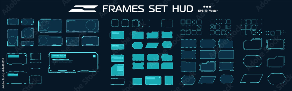 Fototapete Futuristic set neon frames for HUD interface. Vector set neon frames. Modern template with windows and frames for digital user interface. Windows interface HUD elements. Templates with frames
