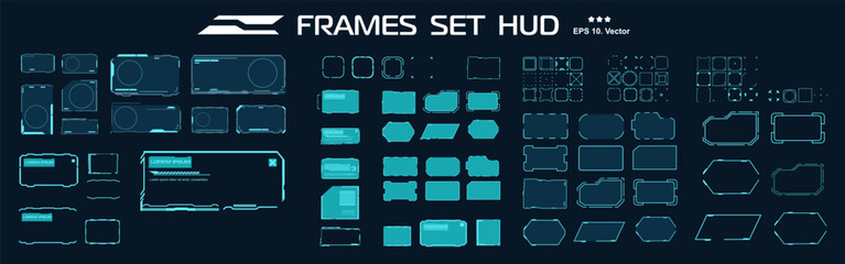 Futuristic set neon frames for HUD interface. Vector set neon frames. Modern template with windows and frames for digital user interface. Windows interface HUD elements. Templates with frames