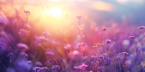 Amidst the meadow's golden sunlight, lavender blooms emit a fragrant purple aura, blending with nature's beauty.
