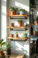 AI generated illustration of a wall shelf made from reclaimed wood and old pipes on a sunlit wall