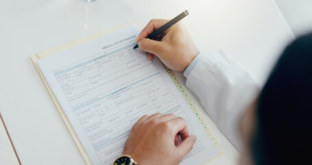 Doctor, hands or writing with document on survey, form or application for medical aid or insurance...