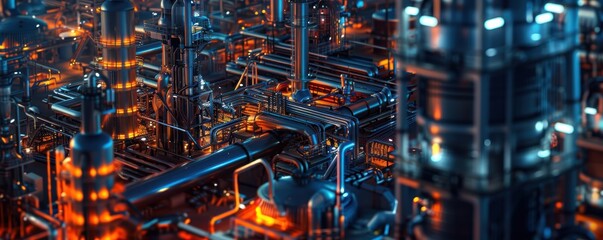Fototapeta premium An extensive industrial plant illuminated at night, showcasing intricate pipelines and machinery in a futuristic setting.