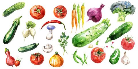 Set of watercolor mixed vegetables on a white background