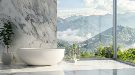 Modern bathroom interior with marble wall and bathtub, panoramic window overlooking the valley