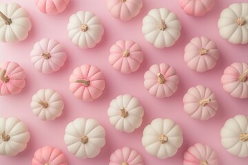 A pattern of pink and white pumpkins arranged on a pink background, ideal for autumn or Halloween-themed designs.