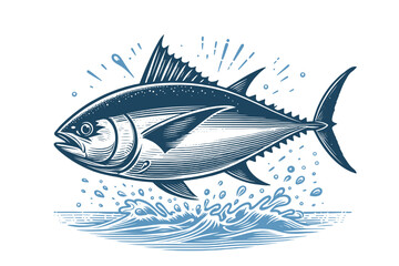 Tuna fish Vintage engraving illustration, icon, logo. Seafood. Vector drawing. Blue color. hand drawn. Water splashes, waves