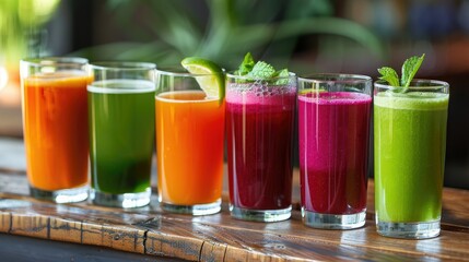 Glasses shine with vibrant cold-pressed juices. Extracted from fresh fruits and vegetables