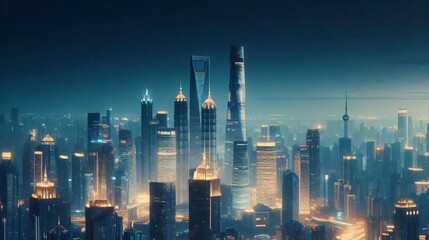 Corporate City skyline at night large illuminated.