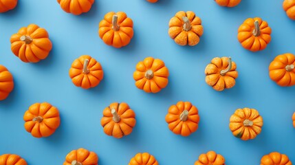 Fototapeta premium A pattern of small orange pumpkins arranged on a blue background, ideal for autumn or Halloween-themed designs.