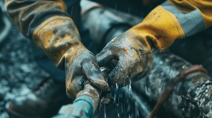 Close-up of a worker's gloved hands handling equipment in wet conditions, showcasing gritty manual labor and industrial work environment.