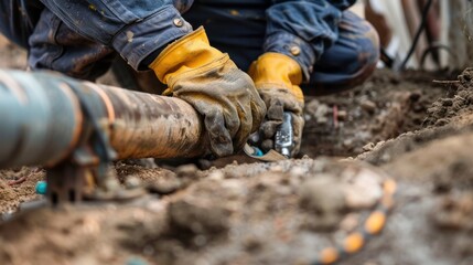 Fototapeta premium Close-up of construction worker with gloves tightening bolt on large pipe at construction site, focusing on hands and dirt around the work area.