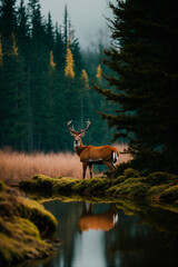 minimal, cinematic, a deer among the trees, forest lake, moss