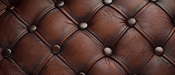 Fototapeta premium Close-up of luxurious brown leather upholstery with button tufting. Ideal for backgrounds or textures in design projects.
