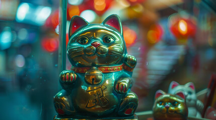 Obraz premium Close-up of a maneki-neko (beckoning cat) statue in a shop window