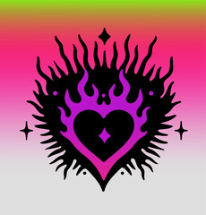 Elegant neo-tribal heart-shaped tattoo on a gradient neon pink and green background. Y2K cybersigilism aesthetic.