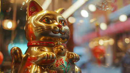 Close-up of a maneki-neko (beckoning cat) statue in a shop window