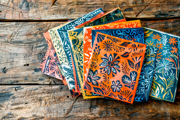 Assorted handmade wooden coasters with bold floral designs, arranged on a rustic wooden surface, showcasing intricate patterns.