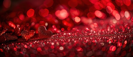 Close-up of shimmering red glitter creating a festive and romantic atmosphere with heart-shaped ornaments in soft bokeh background.