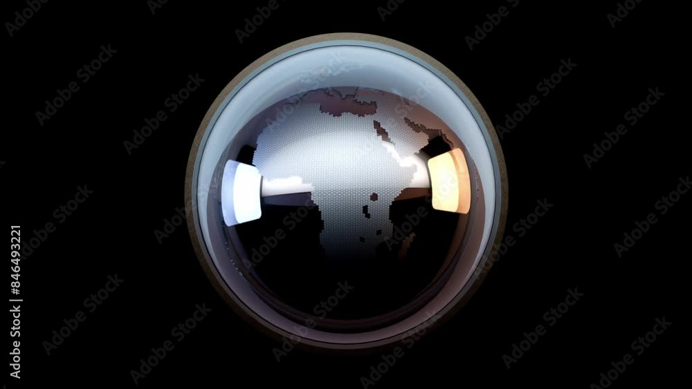Poster earth globe in transparent sphere with a rotating metal ring around. animation seamless loop and alp