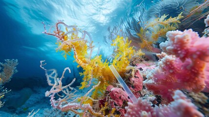 A striking visual metaphor of a plastic straw entangled with the delicate fronds of a coral reef, its toxic presence symbolizing the insidious threat posed by single-use plastics to fragile marine