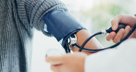 Doctor, blood pressure and patient appointment in clinic, professional consultation and monitor or...
