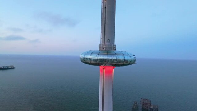 Aerial view of Brighton i360 observation tower on the seafront of Brighton, East Sussex, England, UK