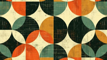 Abstract Retro Geometric Seamless Pattern in Vintage Green Beige Brown and Orange Hues