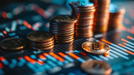 Stacks of coins with a Bitcoin on a financial chart. Concept of cryptocurrency investment, trading, and blockchain technology.