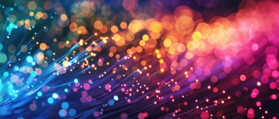 Colorful abstract bokeh lights with vibrant fiber optics, perfect for technology and festive themes in a stock photo collection.