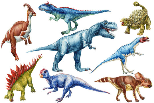 Realistic dinosaur set isolated white background. Hand painted watercolor different dinosaurs illustration. Dino clipart