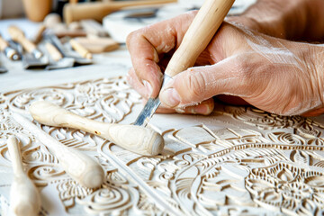 Close-up of an artisan's hands meticulously carving intricate patterns into a wooden block using chisels, 
