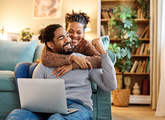 laptop man woman computer technology home couple young together happy happiness smiling...