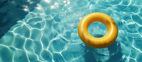 Yellow inflatable ring floating in swimming pool with space for text. Vacation theme