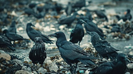 Fototapeta premium An emotive scene portraying a group of seabirds roosting amidst a sea of plastic litter, their mournful cries echoing the silent struggle of wildlife against the relentless tide of ocean pollution,