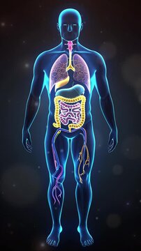 Human digestive system highlighted on black background. highlighting all focus to human's full body. front view