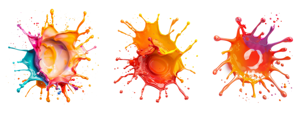Colorful paint splashes isolated on transparent background