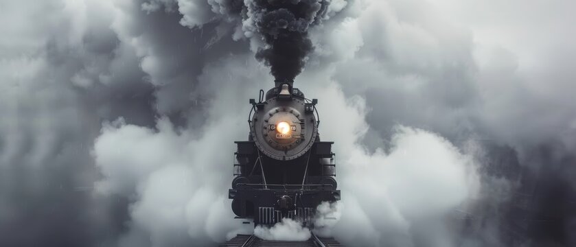 Dramatic front view of a vintage steam train chugging through billowing clouds of smoke, evoking a sense of nostalgia and adventure. - Powered by Adobe