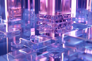 Futuristic crystal structures with neon lights and reflective surfaces, representing innovation and modernity in a digital abstract composition